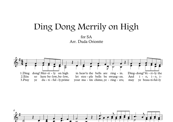 Ding Dong Merrily on High  (SA - G major - 1 staff - no chords - no piano) (arr. Duda Oriontte)