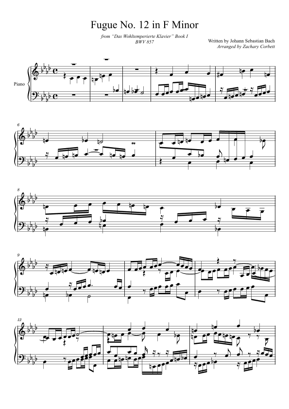 Fugue No. 12 BWV 857 in F Minor (arr. Zachary Corbett)