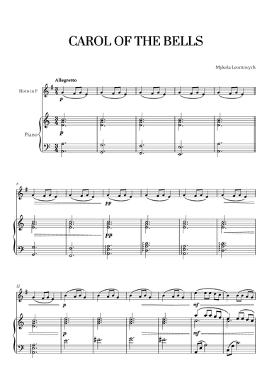 Carol of the Bells (Very Easy/Beginner) - A minor (for French Horn and Piano) (arr. Cadenza Editions)