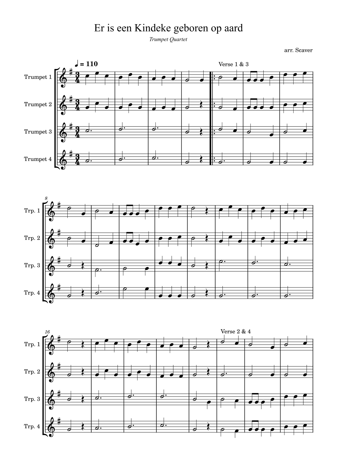 Er is een Kindeke geboren op aard - Trumpet Quartet (arr. Scaver)