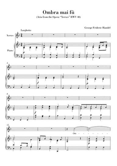Ombra mai fu (for Voice and Piano) Original Key F major (arr. Ahiva Editions)