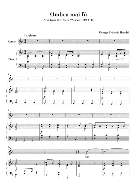 Ombra mai fu (for Voice and Piano) Original Key F major (arr. Ahiva Editions)