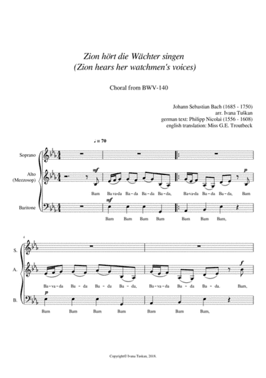 Zion hört (Zion Hears) Choral from BWV – 140 for SAB a cappella (arr. Ivana Tuskan)