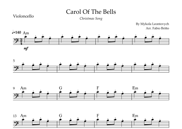 Carol Of The Bells (Christmas Song) for Cello Solo with Chords (arr. Fabio Britto)