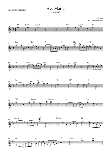Ave Maria (Gounod) for Alto Saxophone Solo with Chords (F Major) (arr. Fernando Britto)
