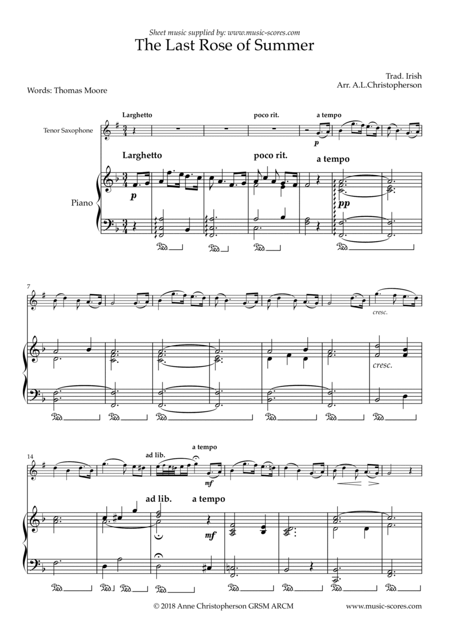 The Last Rose of Summer - Tenor Sax and Piano (arr. Anne L Christopherson GRSM ARCM)