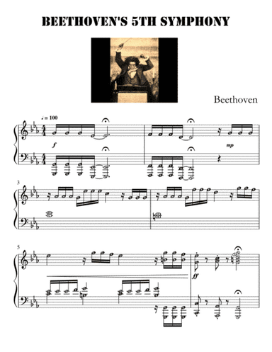 Beethoven's 5th Symphony (Piano Grade 3 - 4 Intermediate, with note names) (arr. Harmony Valarie @ Teacher Valarie)