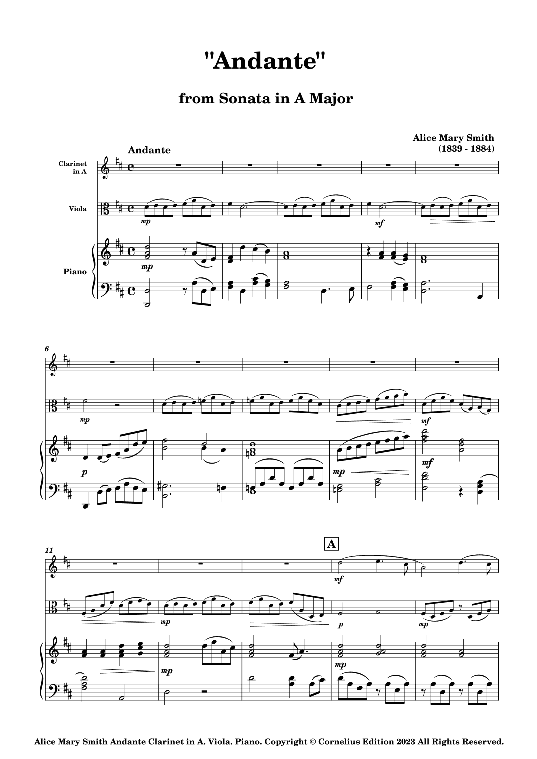 Alice Mary Smith Sonata in A "Andante" Clarinet in A Viola and  Piano. Small Ensemble (Piano Trio) (arr. Glenn Martin)
