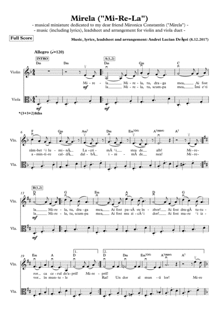 Mirela ("Mi-Re-La") - musical miniature arranged for violins & violas (duo) dedicated to my dear fri