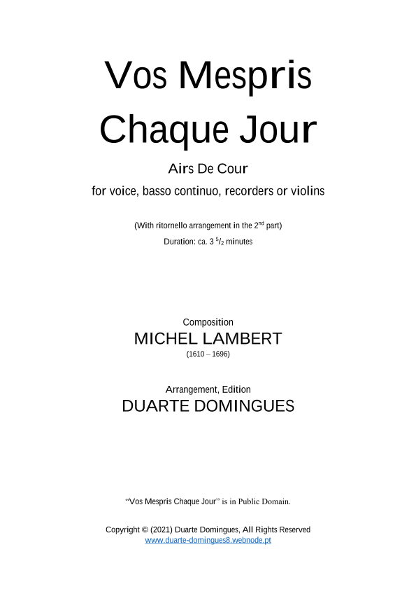 Vos Mépris Chaque Jour (With Ritornellos) - Score Only (arr. Duarte Domingues)