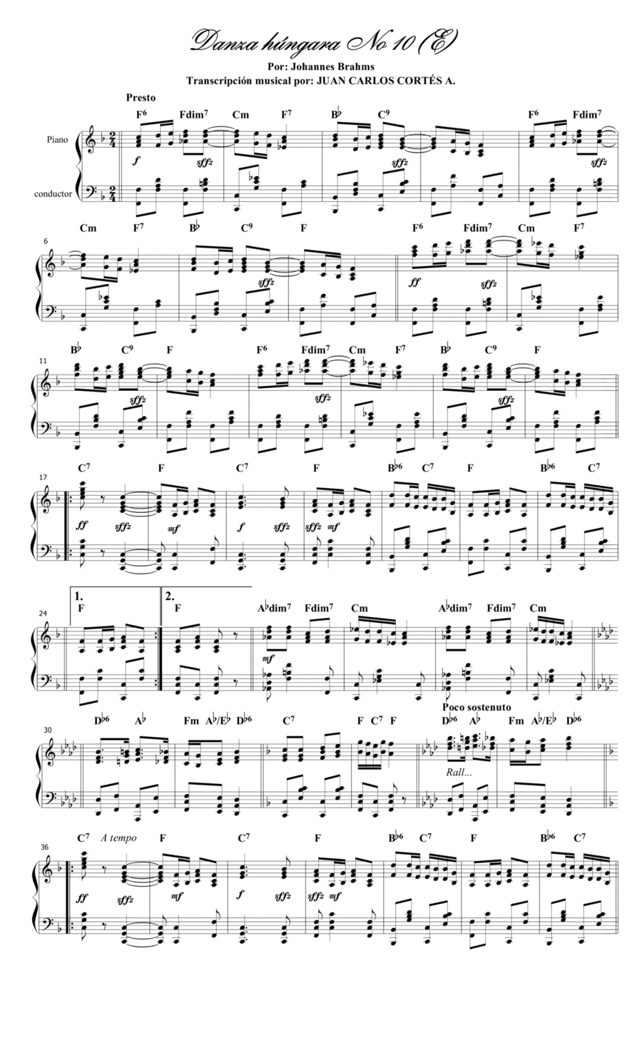 Danza húngara (Ungarischer Tanz) No 10 (WoO 1) por Johannes Brahms Nissen y József Rizner. (arr. Juan Carlos Cortés A.)