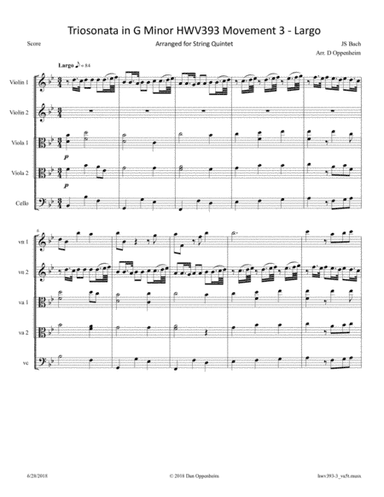 Handel: Triosonata in G Minor HWV 393 Movement 3 - Largo, arranged for String Quintet (arr. D Oppenheim)