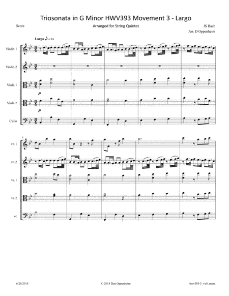 Handel: Triosonata in G Minor HWV 393 Movement 3 - Largo, arranged for String Quintet (arr. D Oppenheim)