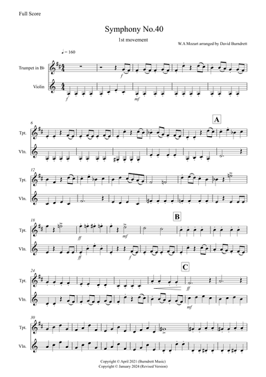Symphony No.40 (1st movement) for Trumpet and Violin Duet (arr. David Burndrett)