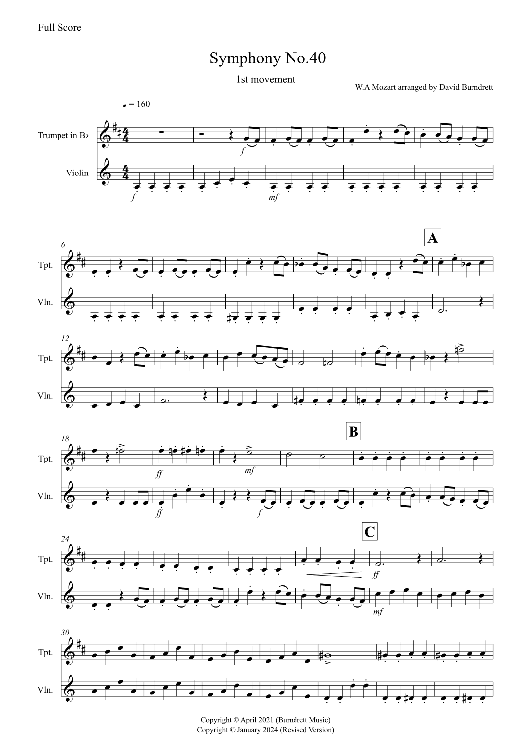 Symphony No.40 (1st movement) for Trumpet and Violin Duet (arr. David Burndrett)