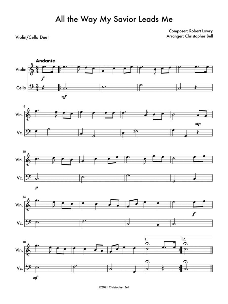 All the Way My Savior Leads Me - Easy Violin/Cello Duet (arr. Christopher Bell)