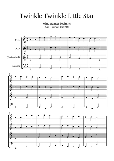 Twinkle Twinkle Little Star (For BEGINNER and kids)  (wind quartet) (arr. Duda Oriontte)