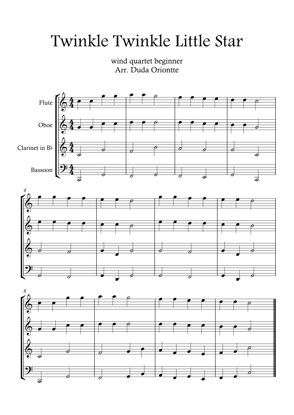Twinkle Twinkle Little Star (For BEGINNER and kids)  (wind quartet) (arr. Duda Oriontte)