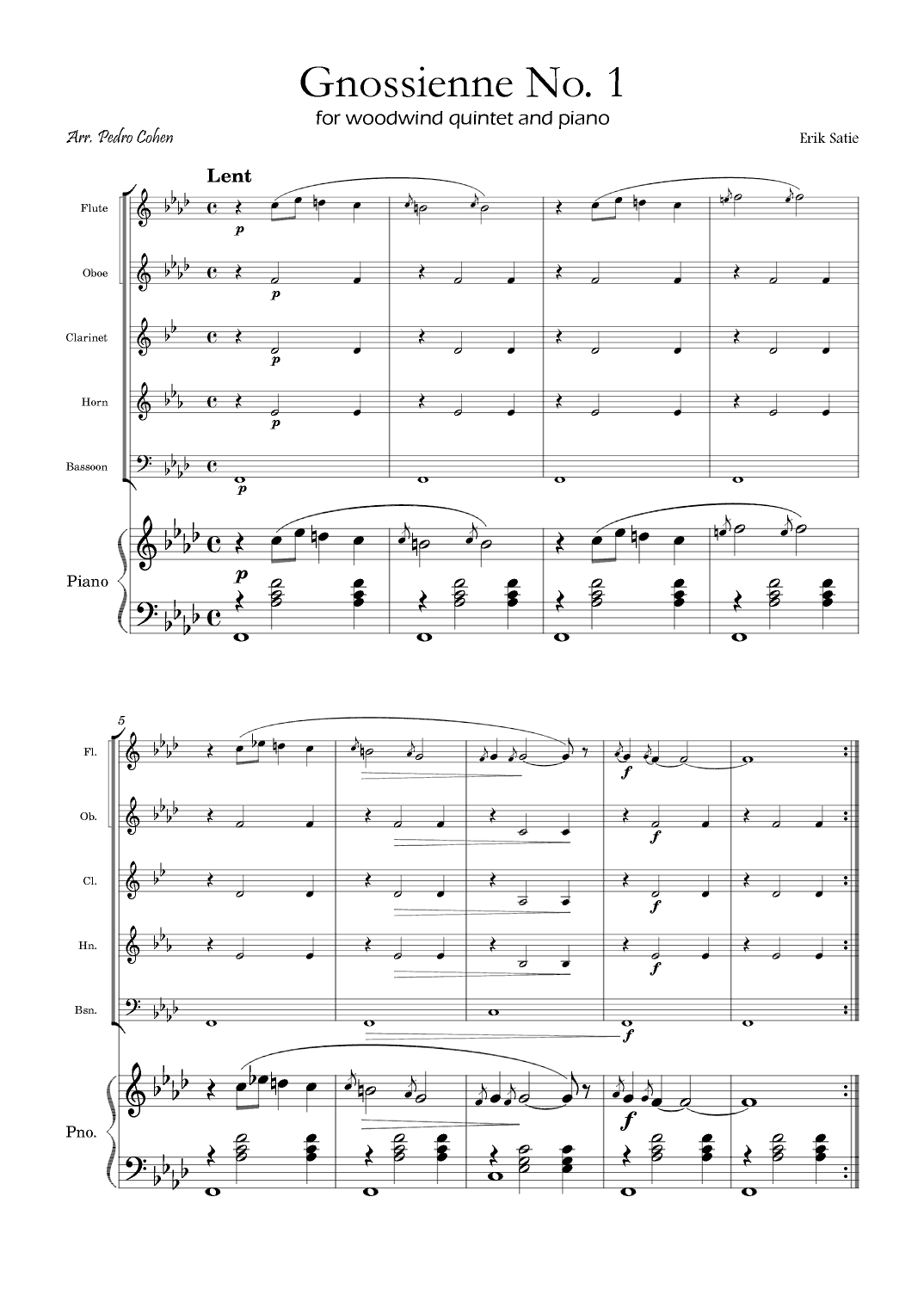 Gnossienne No. 1 – for Woodwind Quintet and Piano (arr. Pedro Cohen)