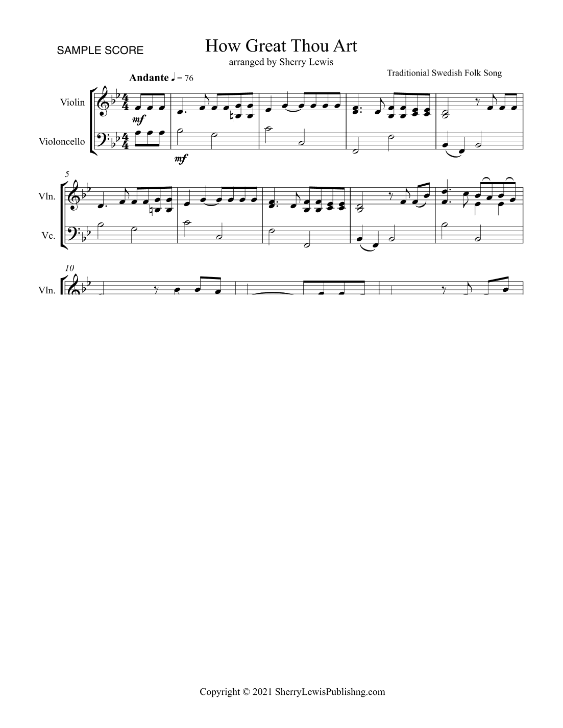HOW GREAT THOU ART, STRING DUO Intermediate Level for violin and cello (arr. Sherry Lewis)