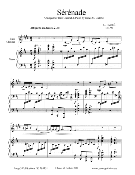 Fauré: Sérénade Op. 98 for Bass Clarinet & Piano (arr. James Guthrie, ASCAP)