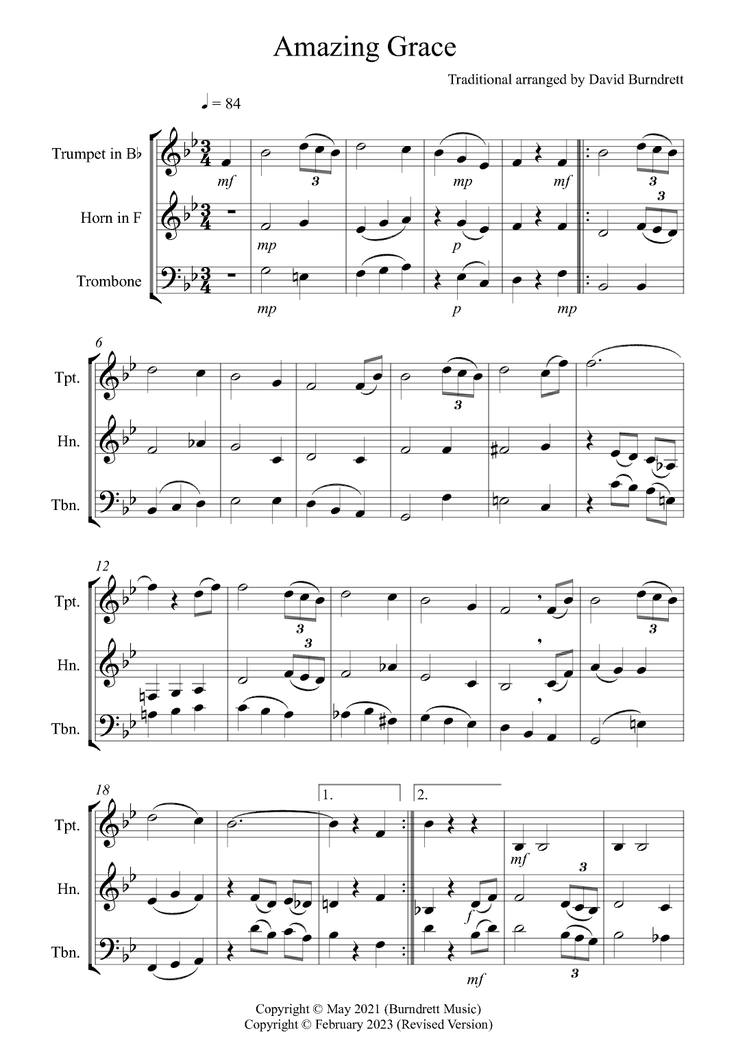 Amazing Grace for Brass Trio (arr. David Burndrett)