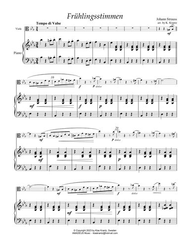 Frühlingsstimmen / Voices of Spring for easy viola and piano (arr. K. Krantz)