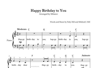 Happy Birthday to You in C Piano Very Easy Chord Full Fingering Lyrics (arr. Milanov)
