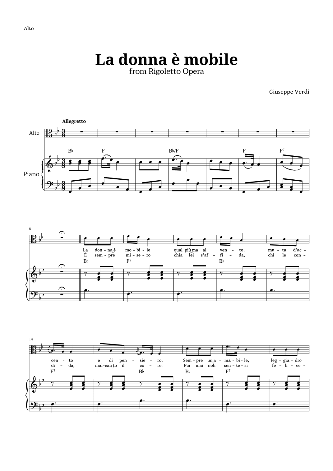La donna è mobile in B-flat major for Contralto and Piano (arr. Langanho)