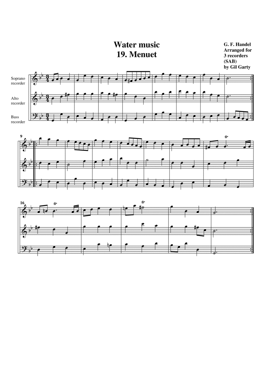 Water music: nos. 19-22 a3 (arrangement for 3 recorders (SAB)) (arr. Gil Garty)