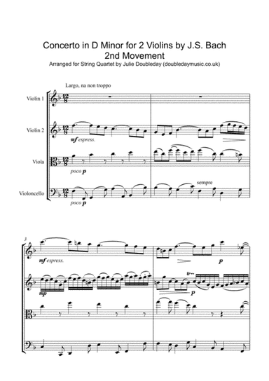 Bach Doubled Violin Concerto 2nd Movement Arranged for String Quartet (arr. Julie Doubleday)