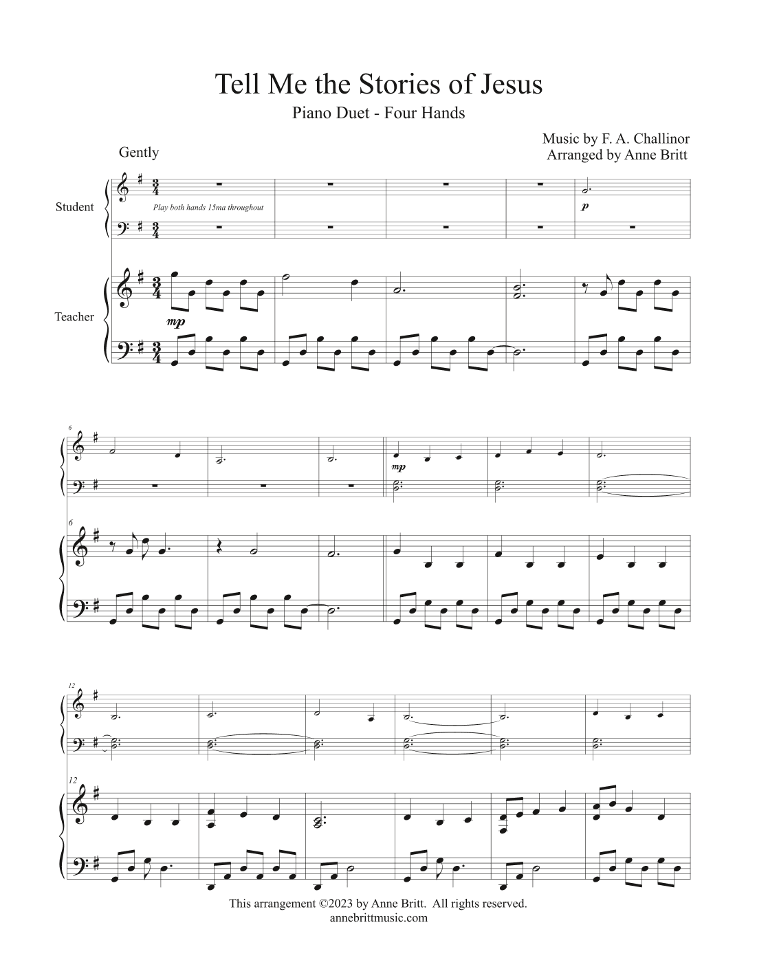 Tell Me the Stories of Jesus (late elementary student/teacher piano duet) (arr. Anne Britt)