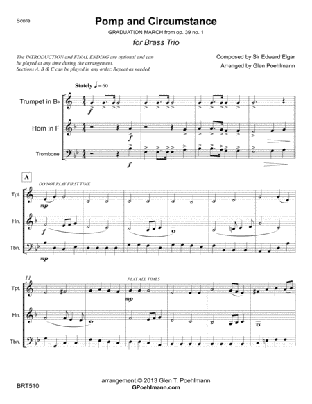 POMP & CIRCUMSTANCE - unaccompanied BRASS TRIO (arr. Glen Poehlmann)