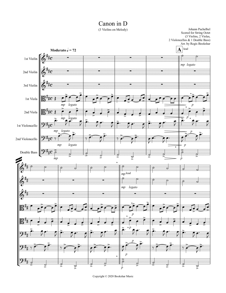 Canon in D (Pachelbel) (D) (String Octet - 3 Violin, 2 Viola, 2 Cello, 1 Bass) (3 Violin lead) (arr. Regis Bookshar)