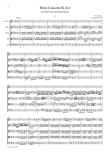Mozart Horn Concerto D dur K.412 all mvts, for Horn(or Viola) and String Quartet, CM061 (arr. FCMUSIC)