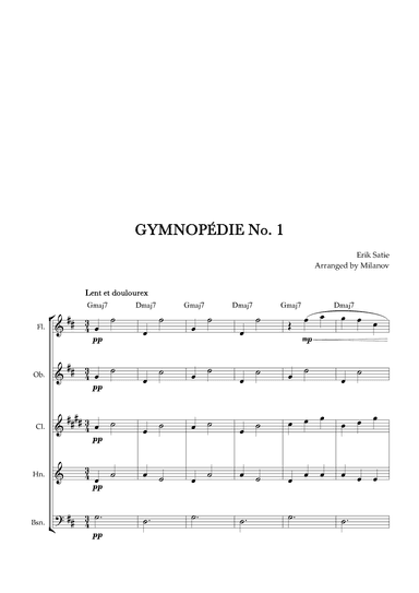 Gymnopédie no 1 | Woodwind Quintet | Original Key | Chords | Easy intermediate (arr. Milanov)