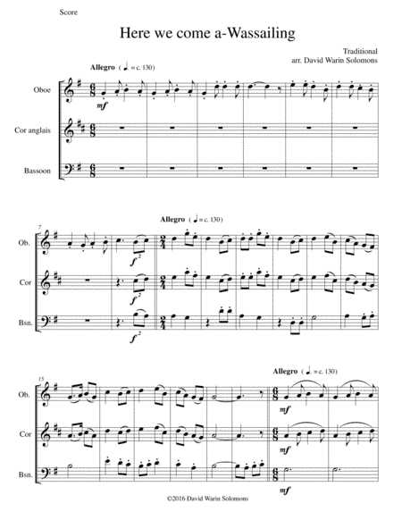 Here we come a-wassailing for double-reed trio (oboe, cor anglais, bassoon) (arr. David Warin Solomons)