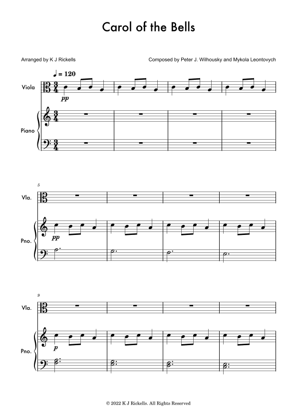 Carol Of The Bells - Viola (arr. Kacie J. Rickells)