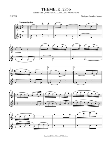Theme, K. 285b (from Flute Quartet No. 3, Second Movement) (arr. Mark Phillips)