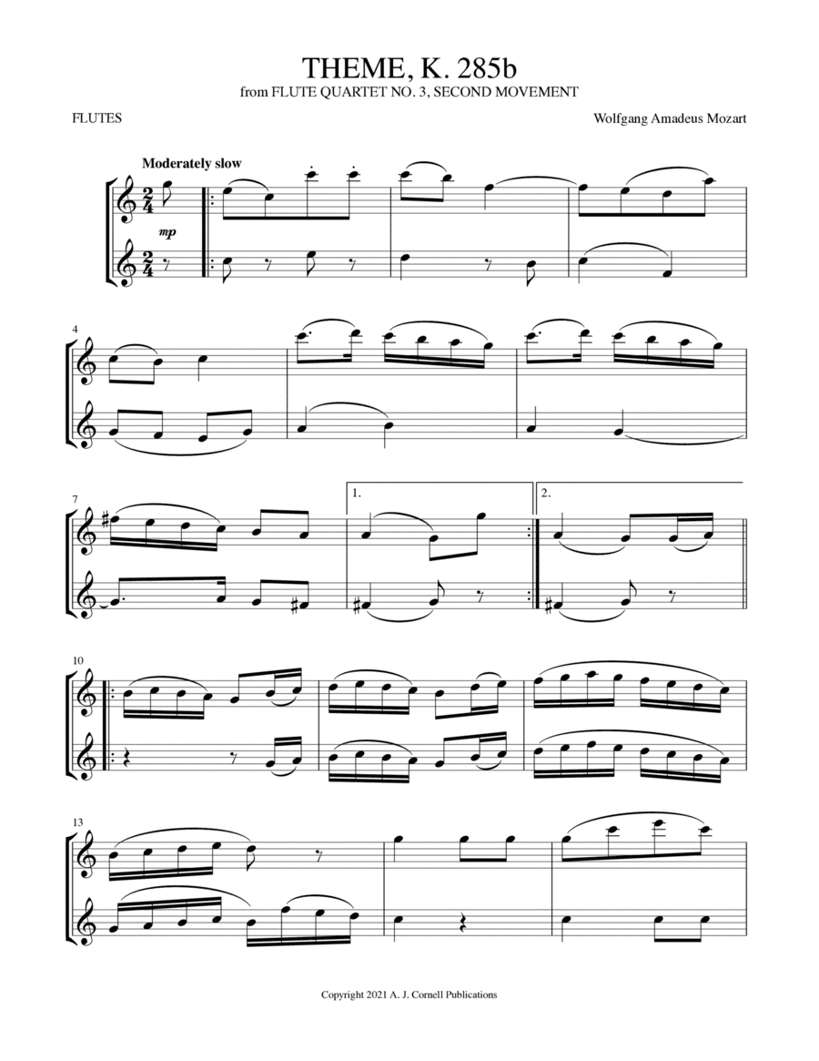 Theme, K. 285b (from Flute Quartet No. 3, Second Movement) (arr. Mark Phillips)