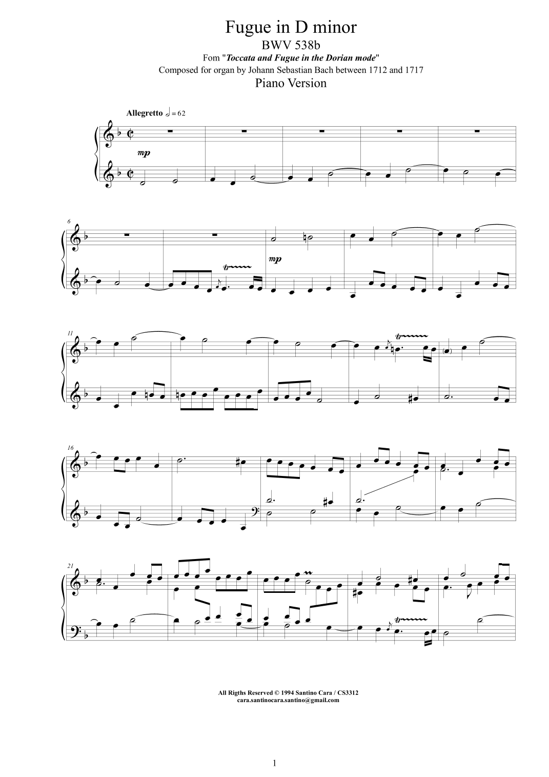 Bach - Fugue in D minor BWV 538b - Piano version (arr. Santino Cara)