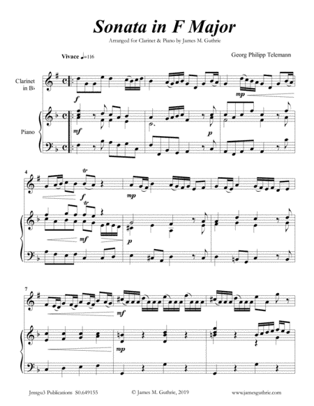 Telemann: Sonata in F Major for Clarinet & Piano (arr. James M. Guthrie, ASCAP)