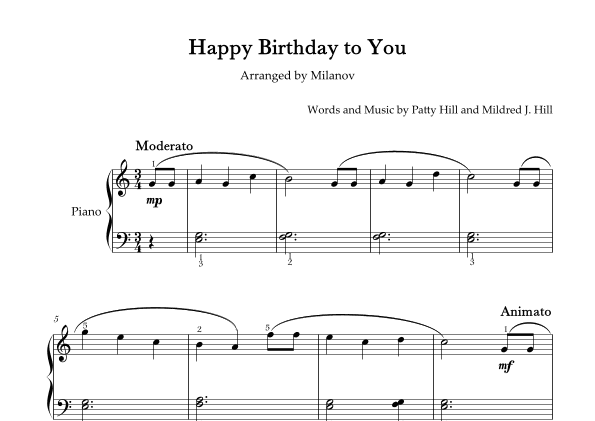 Happy Birthday to You Piano in C Easy Intermediate Fingering (arr. Milanov)