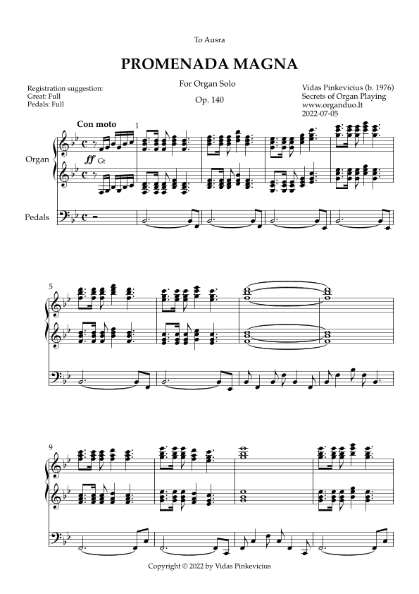 Promenada Magna, Op. 140 (Organ Solo) by Vidas Pinkevicius (2022)