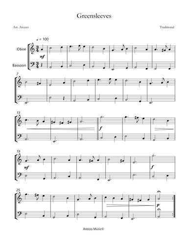 greensleeves oboe and bassoon sheet music - arezzo sheet music engraver (arr. Arezzo Music)