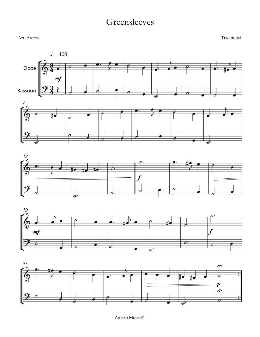 greensleeves oboe and bassoon sheet music - arezzo sheet music engraver (arr. Arezzo Music)