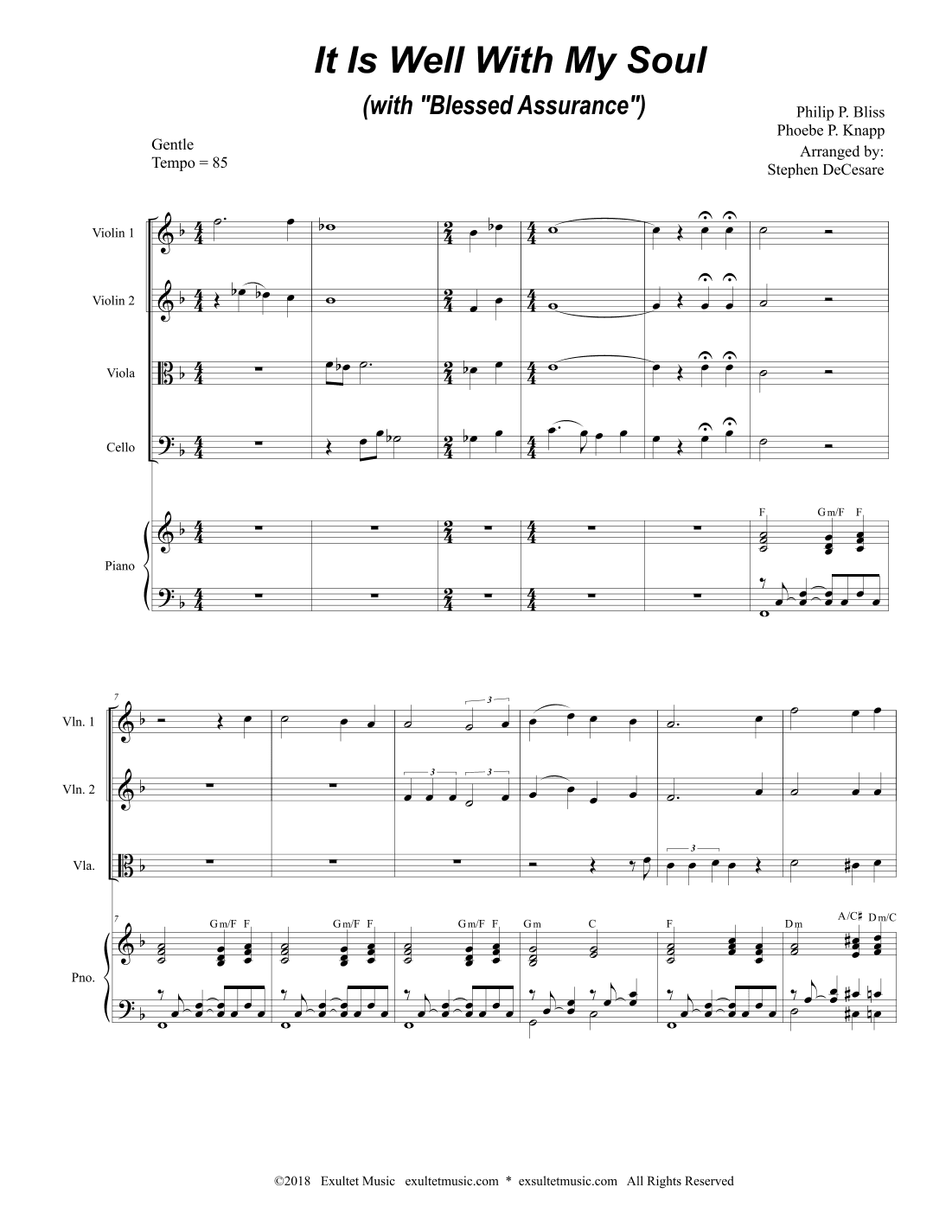 It Is Well With My Soul (with "Blessed Assurance") (for String Quartet & Piano) (arr. Stephen DeCesare)