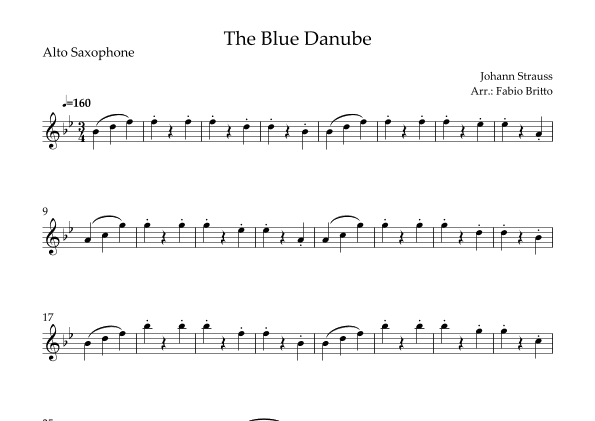 The Blue Danube (Waltz by Johann Strauss) for Alto Saxophone Solo (arr. Fabio Britto)