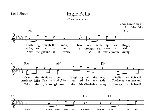 Jingle Bells (Christmas Song) Lead Sheet in Db Major (arr. Fabio Britto)