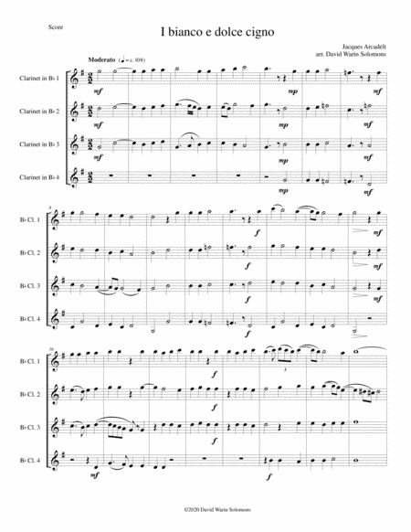 Il bianco e dolce cigno arranged for 4 clarinets (arr. David Warin Solomons)